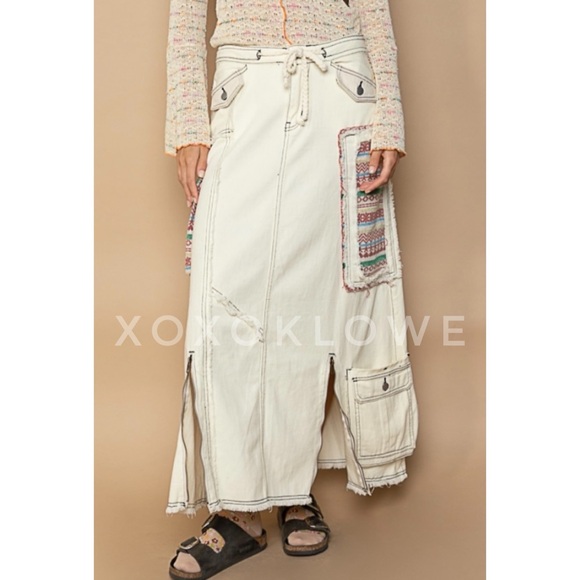 POL Retro Y2K Patchwork Denim Cargo Maxi Skirt A Line - Picture 9 of 12